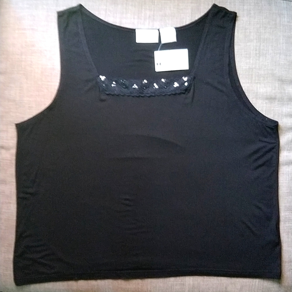 Worthington Woman Stretch Black Tank Top with Lace and Sequin Accent